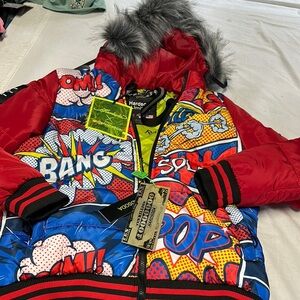 Soda Puffer Jacket Red and Blue with Comic Print